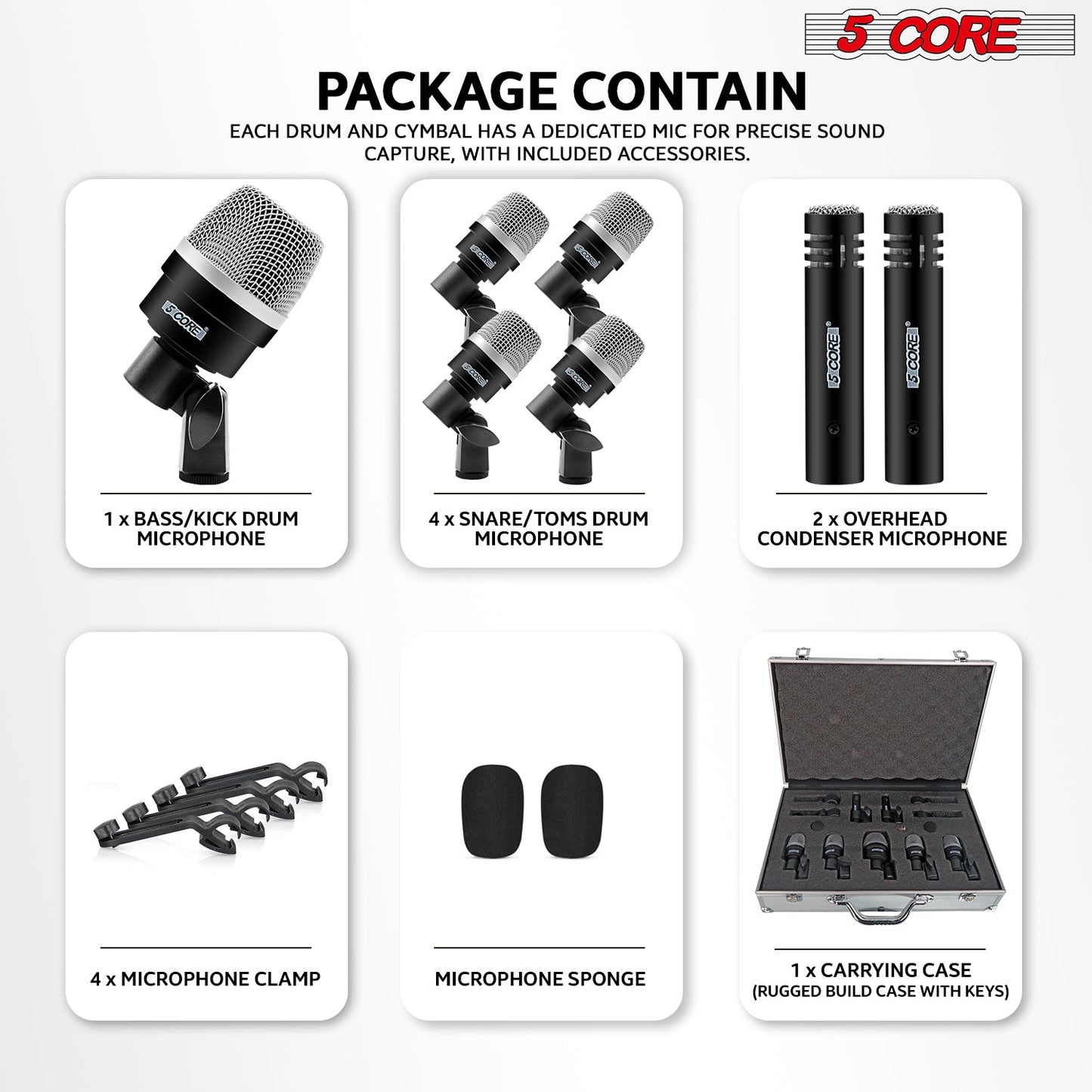 5Core Drum Mic Kit 7 Pcs Kick BassTom Snare Dynamic Microphone Instrument Mics Set Black-3