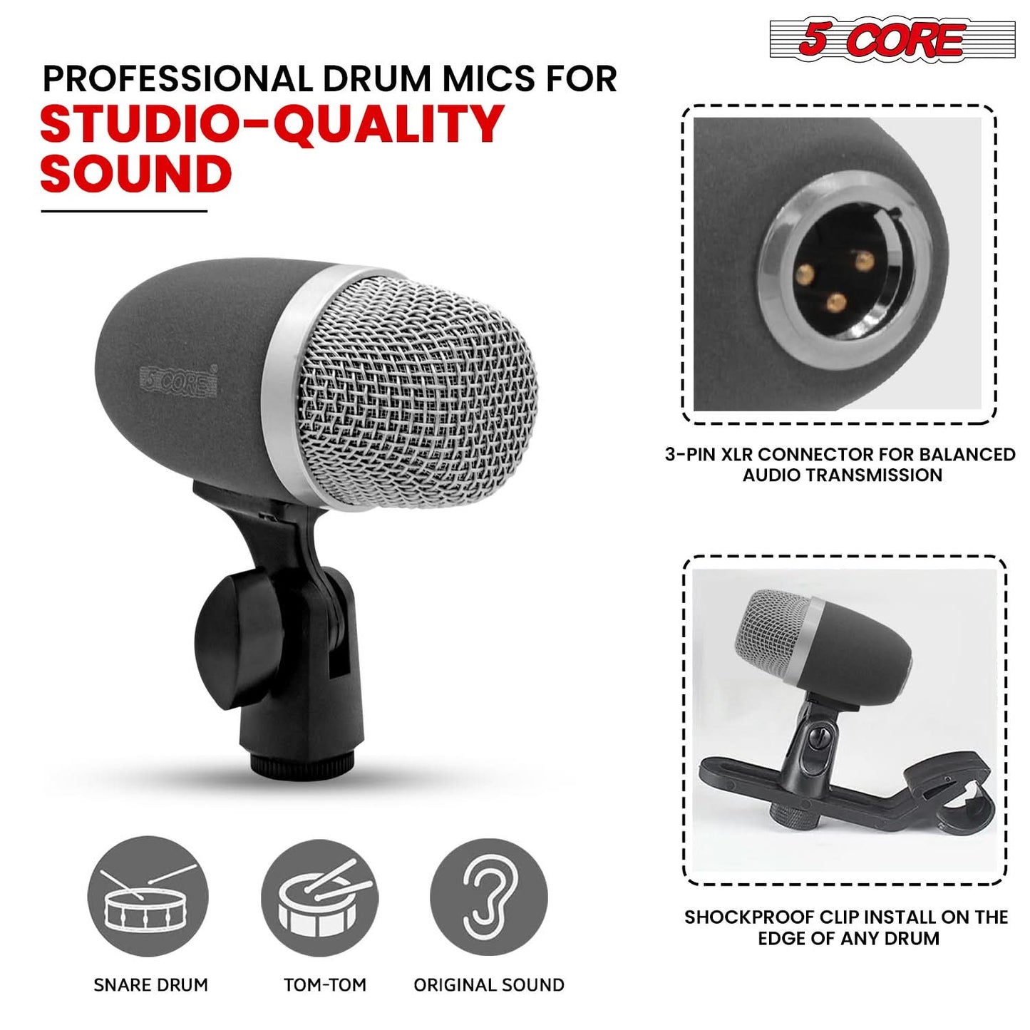 5 Core Snare Microphone XLR Wired Uni Directional Tom Drum and Other Musical Instrument Mic GRAY-2