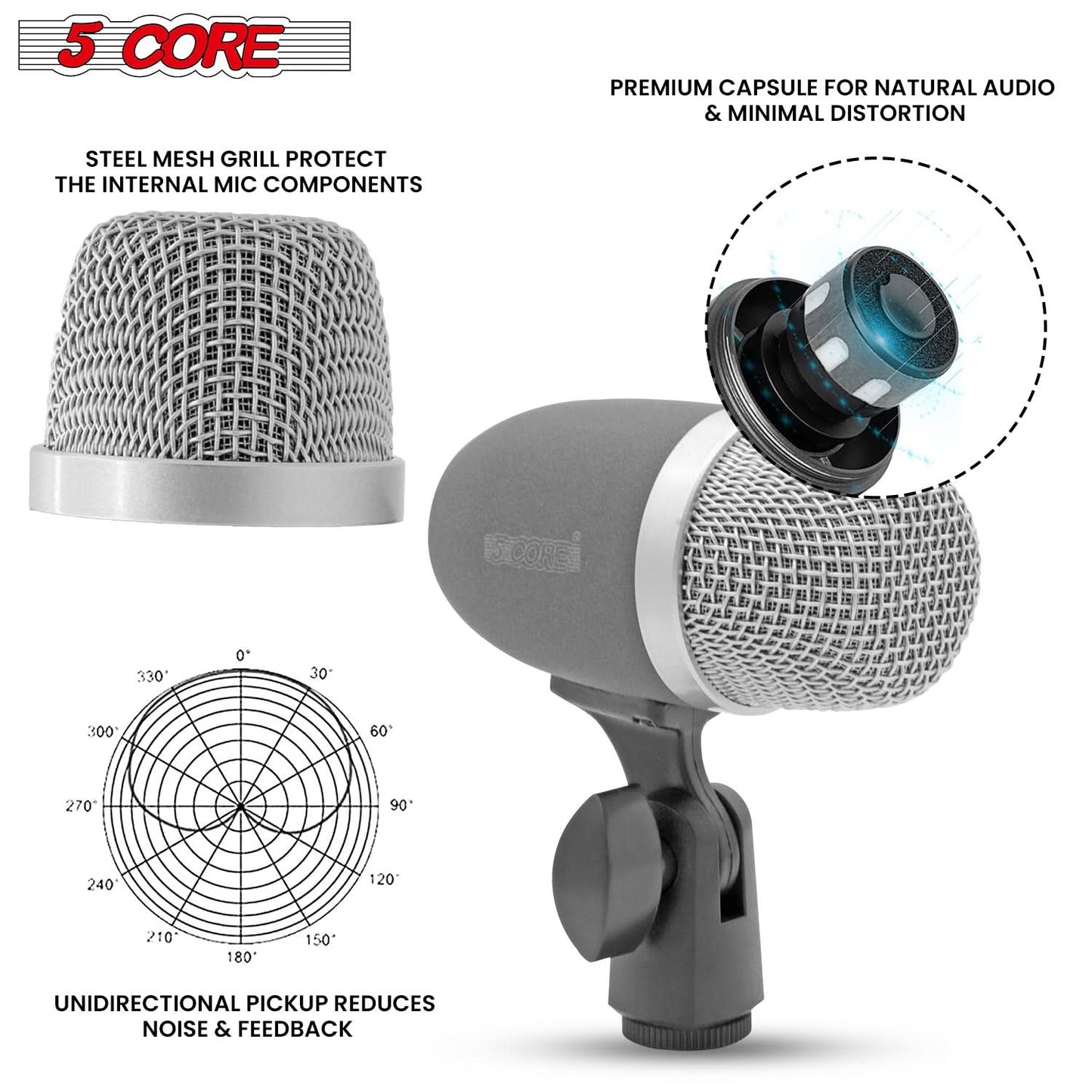 5 Core Snare Microphone XLR Wired Uni Directional Tom Drum and Other Musical Instrument Mic GRAY-3