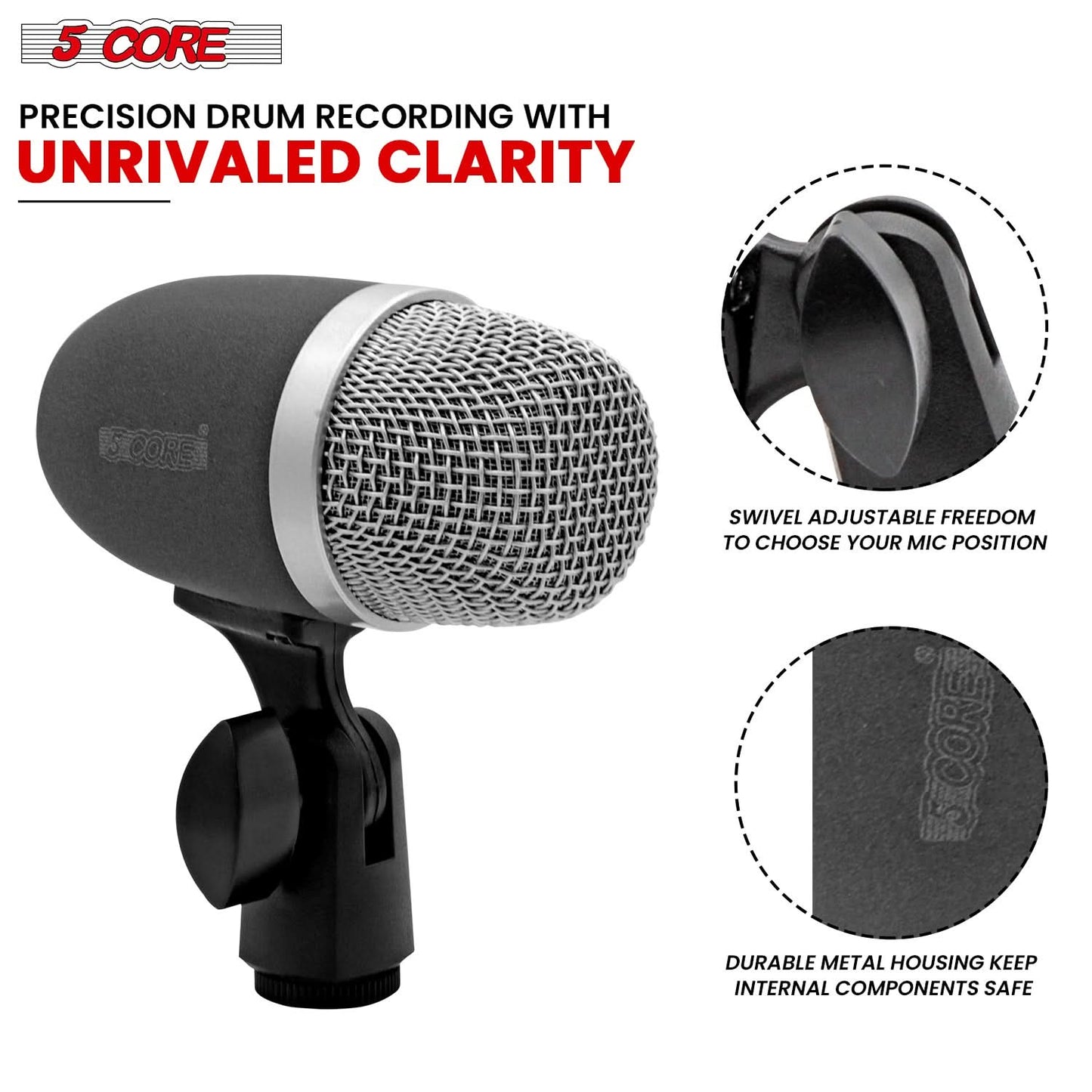 5 Core Snare Microphone XLR Wired Uni Directional Tom Drum and Other Musical Instrument Mic GRAY-4