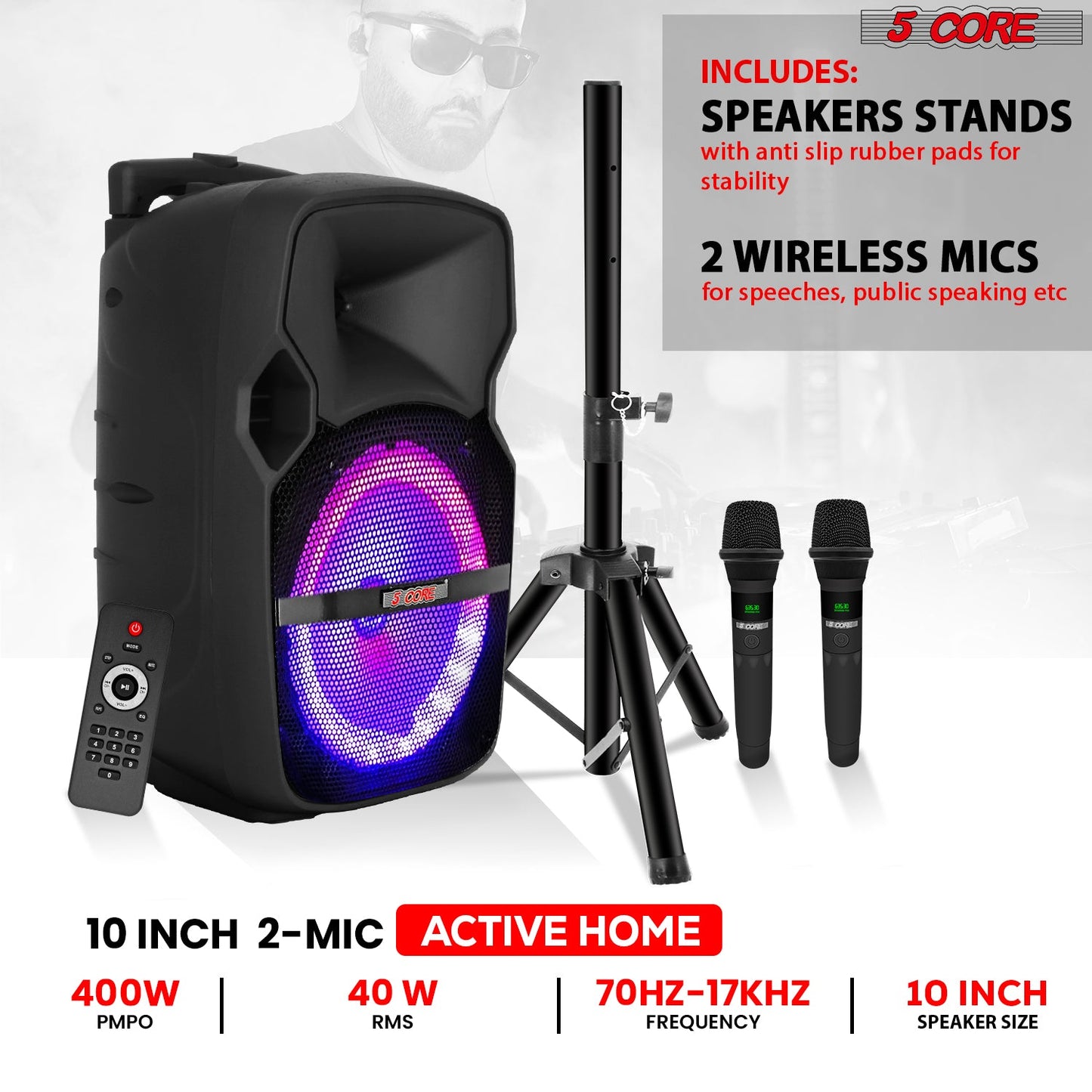 5Core 10 inch PA Portable Bluetooth Party Speaker Karaoke Boombox + 2 Wireless Mics 2 PCS-2