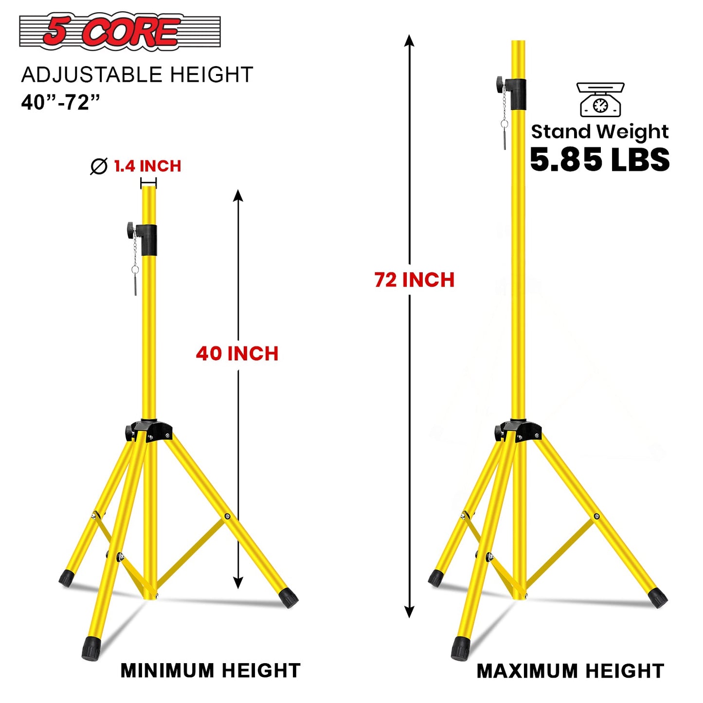5Core Speaker Stand Tripod Tall Adjustable 72 Inch DJ Pole Mount Studio Monitor Stands Yellow 2 PK-1