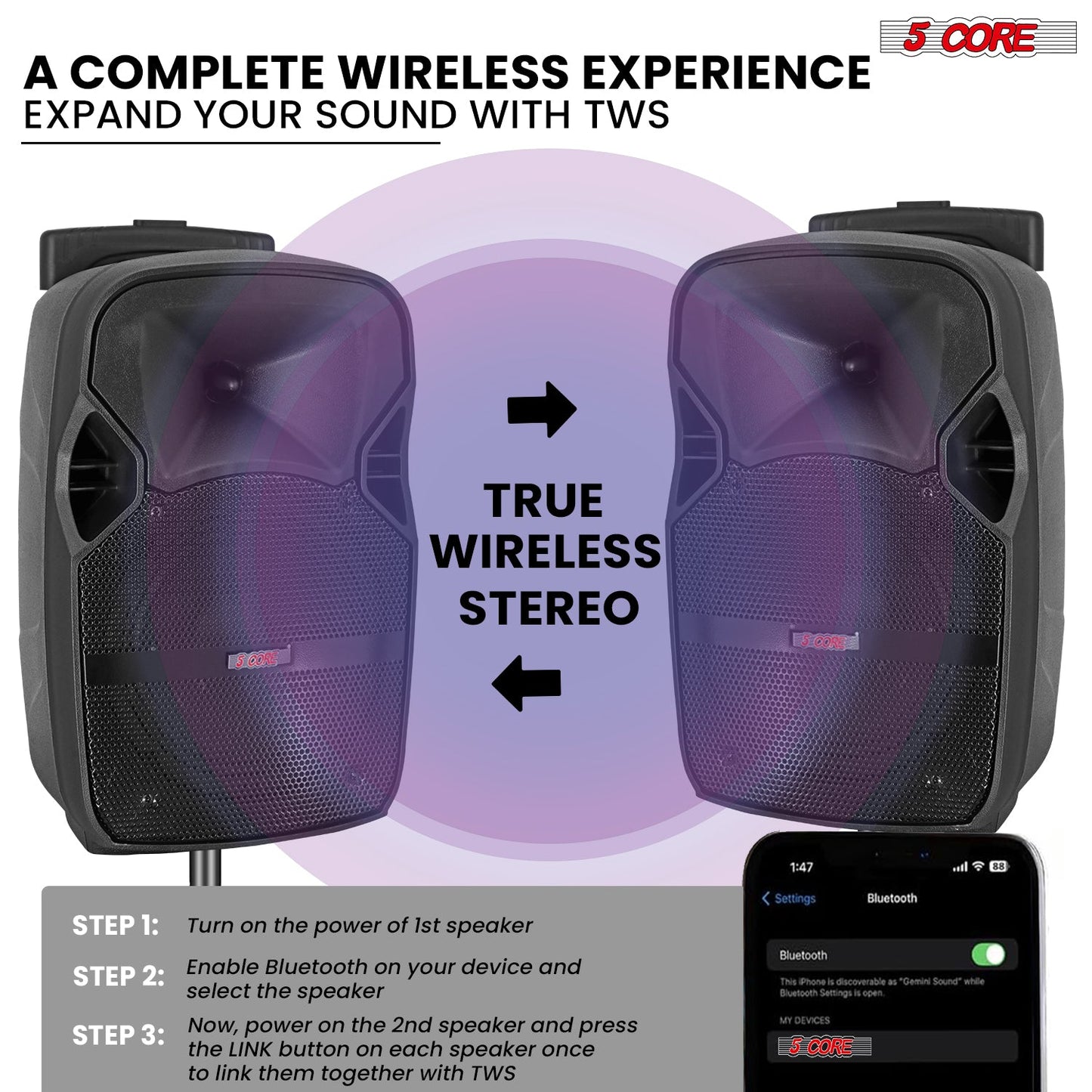 5Core 10 inch PA Portable Bluetooth Party Speaker Karaoke Boombox + 2 Wireless Mics 2 PCS-1