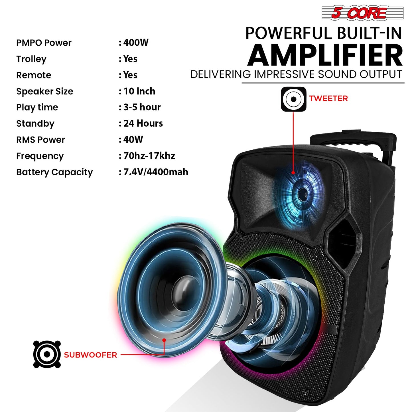 5Core 10 inch PA Portable Bluetooth Party Speaker Karaoke Boombox + 2 Wireless Mics 2 PCS-4