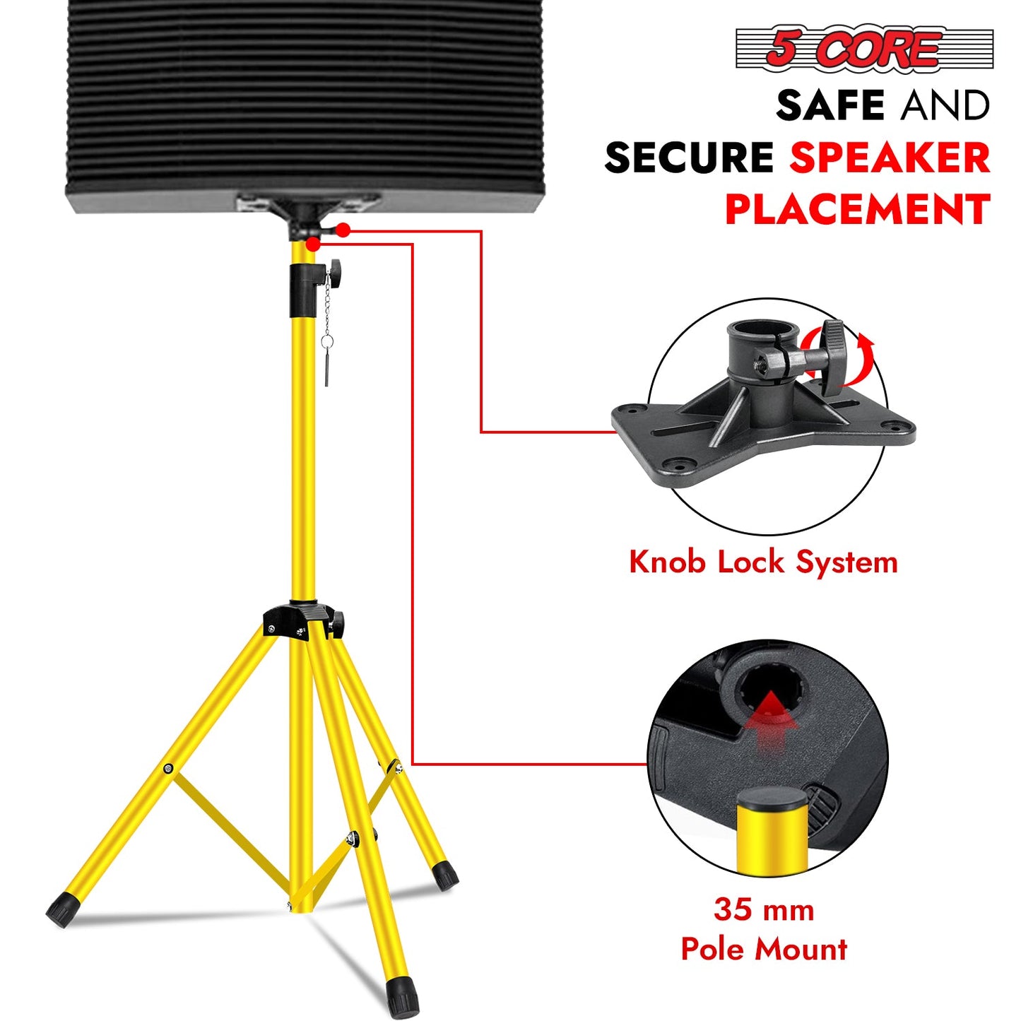 5Core Speaker Stand Tripod Tall Adjustable 72 Inch DJ Pole Mount Studio Monitor Stands Yellow 2 PK-3