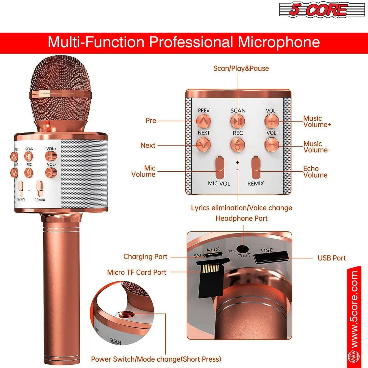 5Core Wireless Karaoke Microphone Bluetooth Mic Portable Handheld Microfonos Inalambricos COPPER-2