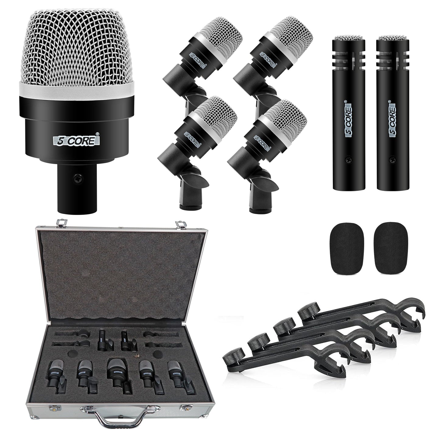 5Core Drum Mic Kit 7 Pcs Kick BassTom Snare Dynamic Microphone Instrument Mics Set Black-0